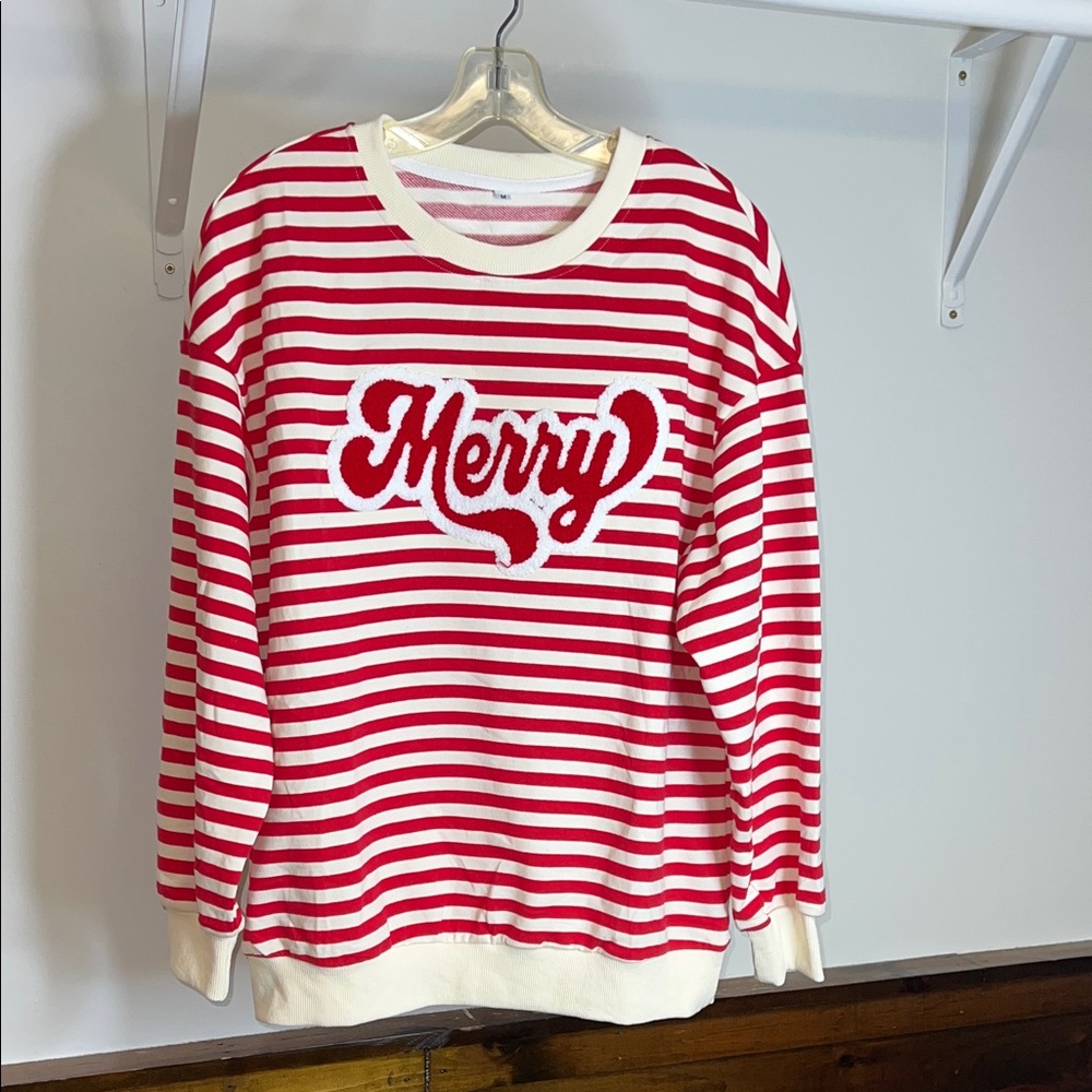 Amazon Festive Red and White Striped 'Merry'‎ Sweater- M